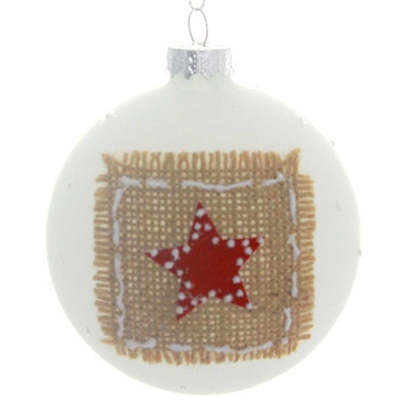 Χριστουγεννιάτικη Γυάλινη Μπάλα Λευκή, με Λινάτσα και Αστέρι (8cm)